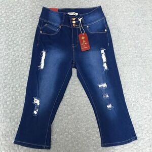 Love You Jeans Girls 7/8 Blue Distressed Ripped Capri Cropped High Rise Stretch